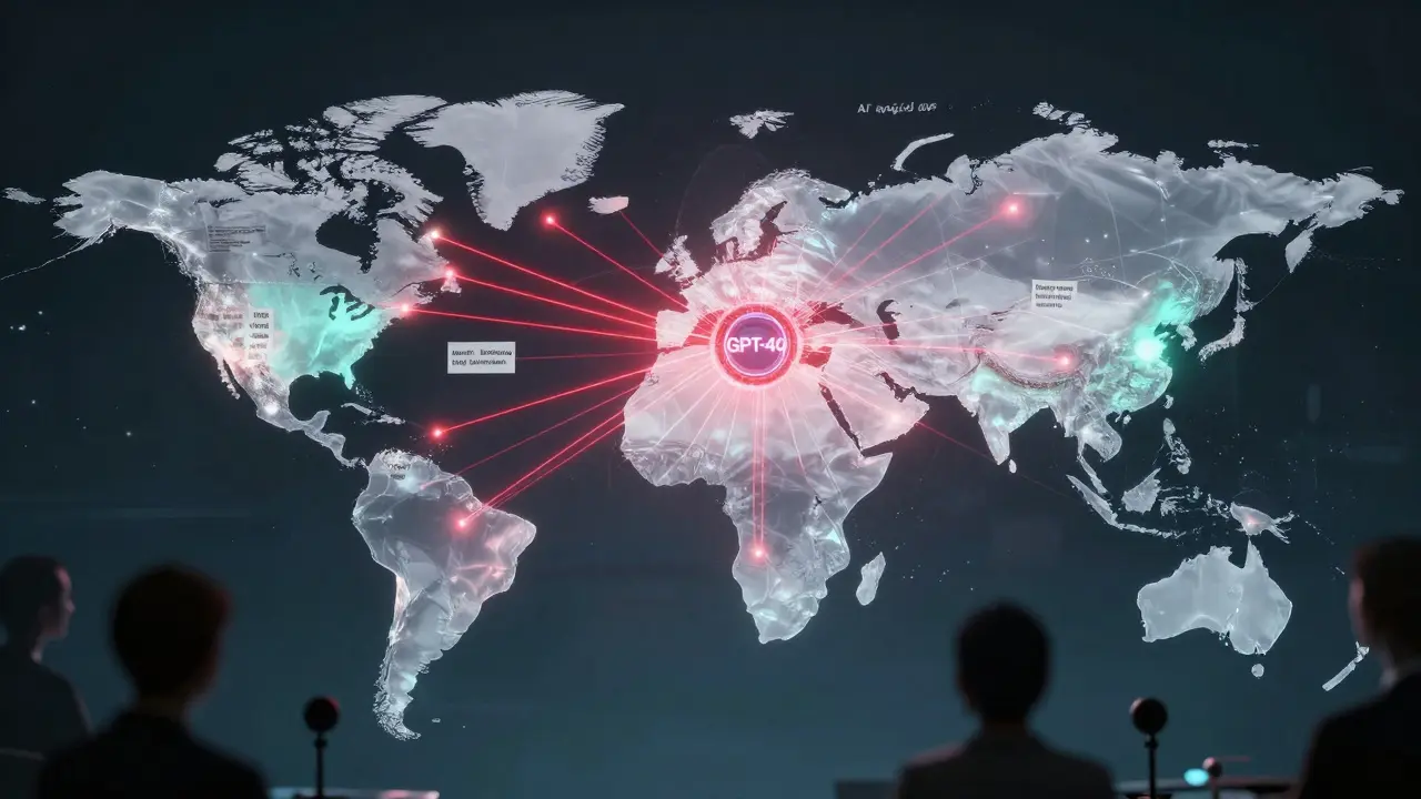 An AI neural network with red threads linking global propaganda nodes, converging on a central detection core.