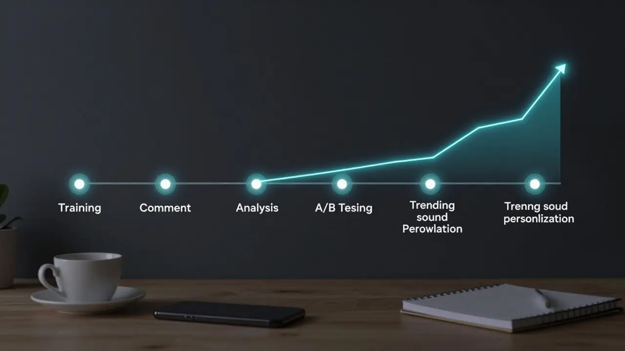 Digital timeline of a 7-day TikTok growth challenge with glowing connections to a rising follower graph.