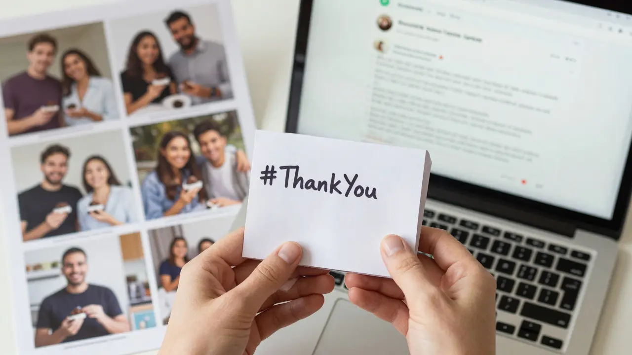Handwritten note and chocolate beside laptop displaying user-generated social media post