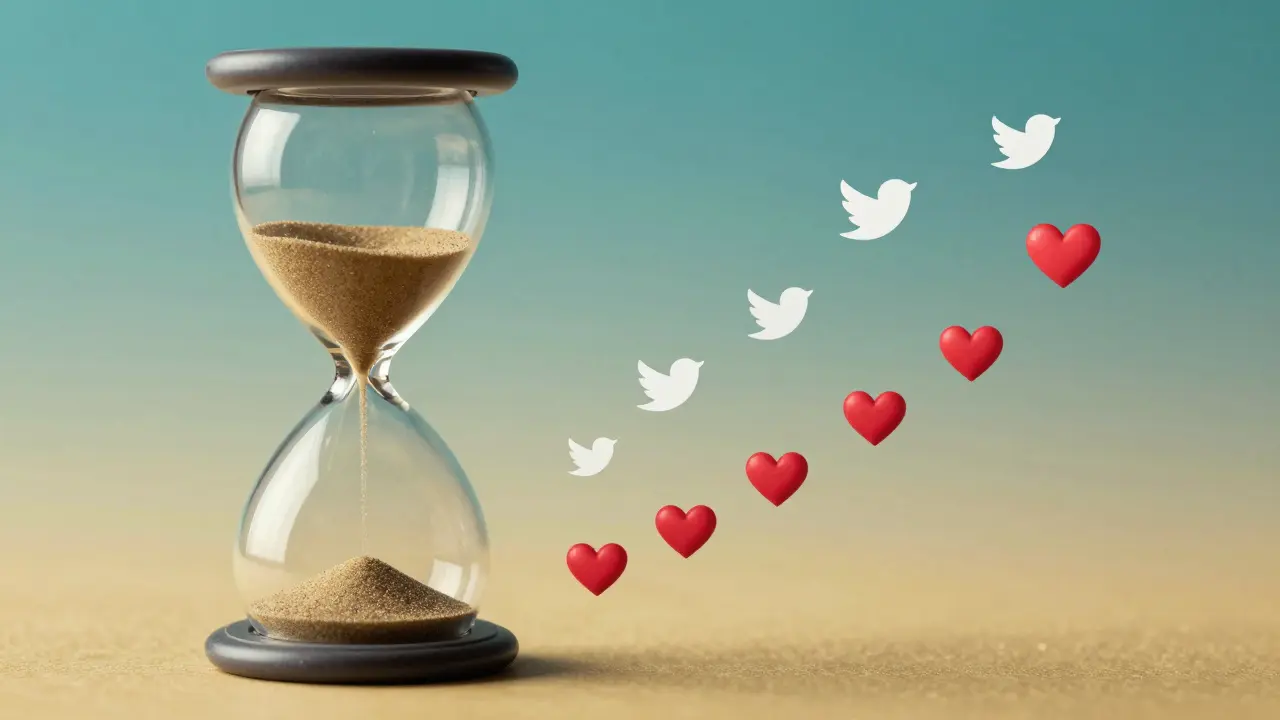 Hourglass turning tweets into heart emojis, symbolizing time saved and engagement gained.