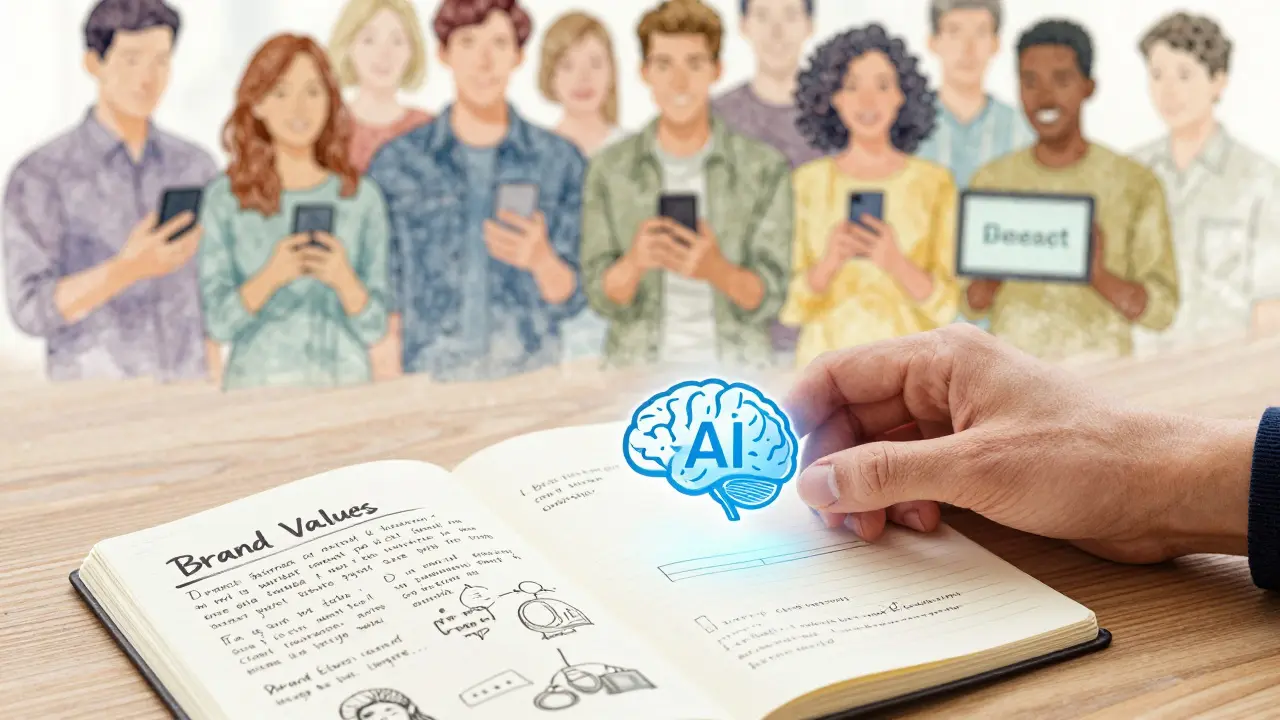Human hand placing AI icon beside handwritten brand values and customer stories.