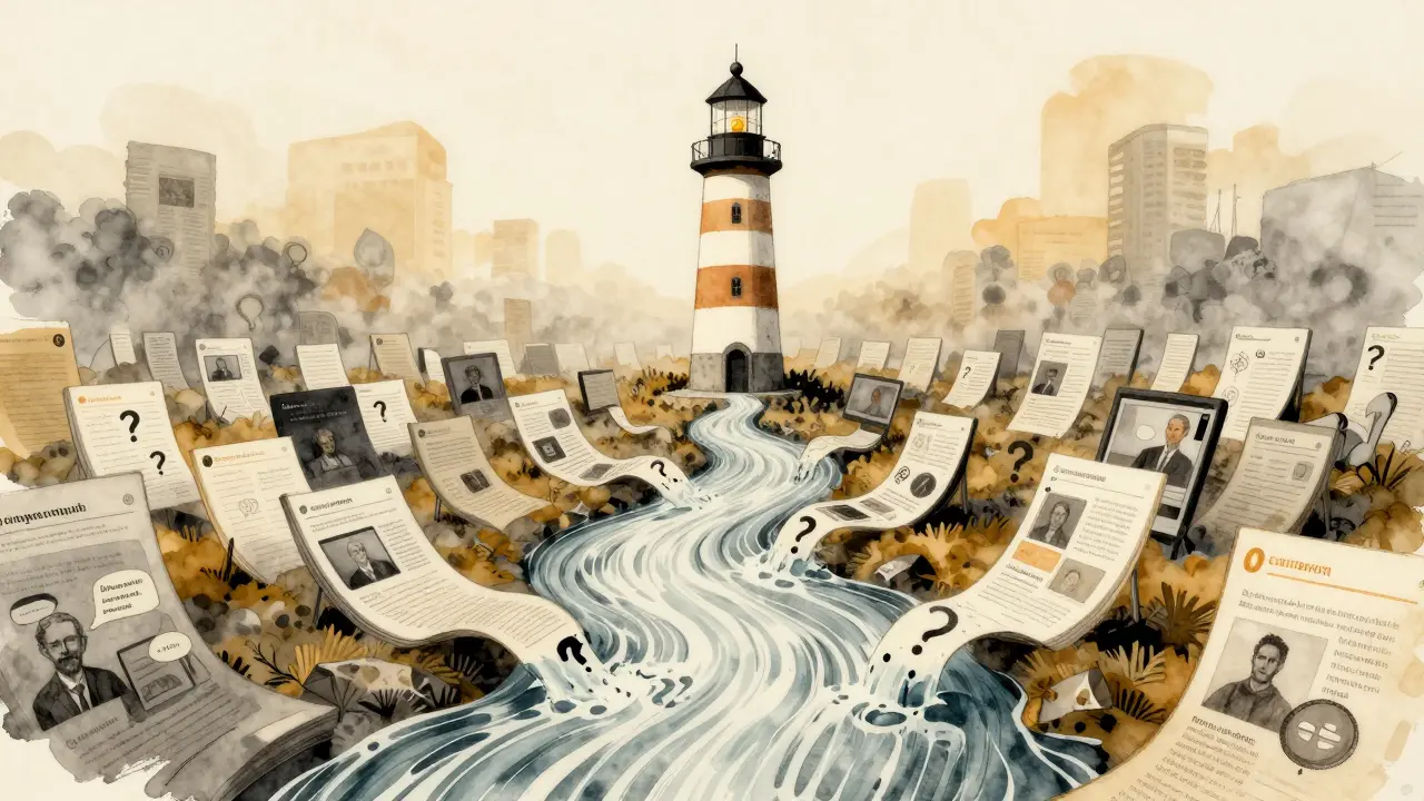 River of content flowing toward a branded lighthouse, competitors fading in fog