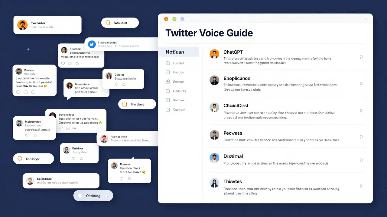 Split-screen: chaotic Twitter feed vs. organized Notion dashboard with AI drafts.