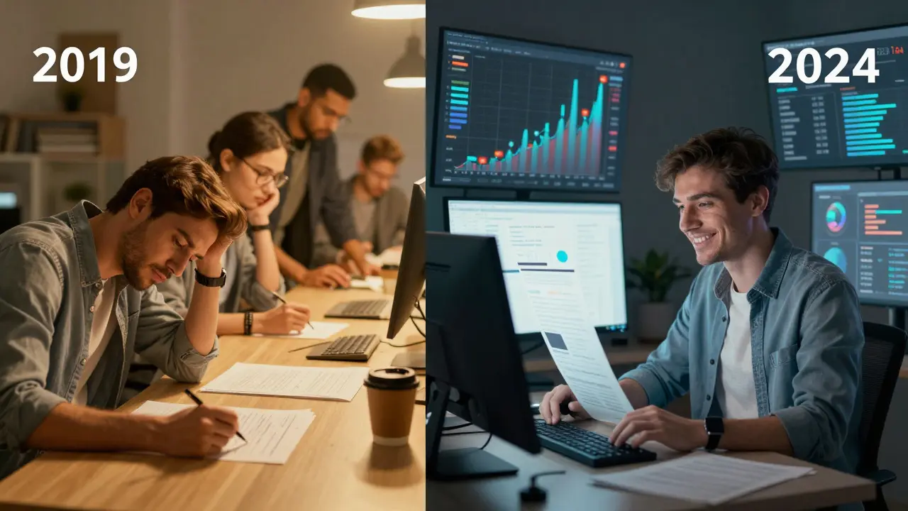 Split-screen comparison: 2019 marketing team vs. 2024 AI-assisted marketer with rising analytics.