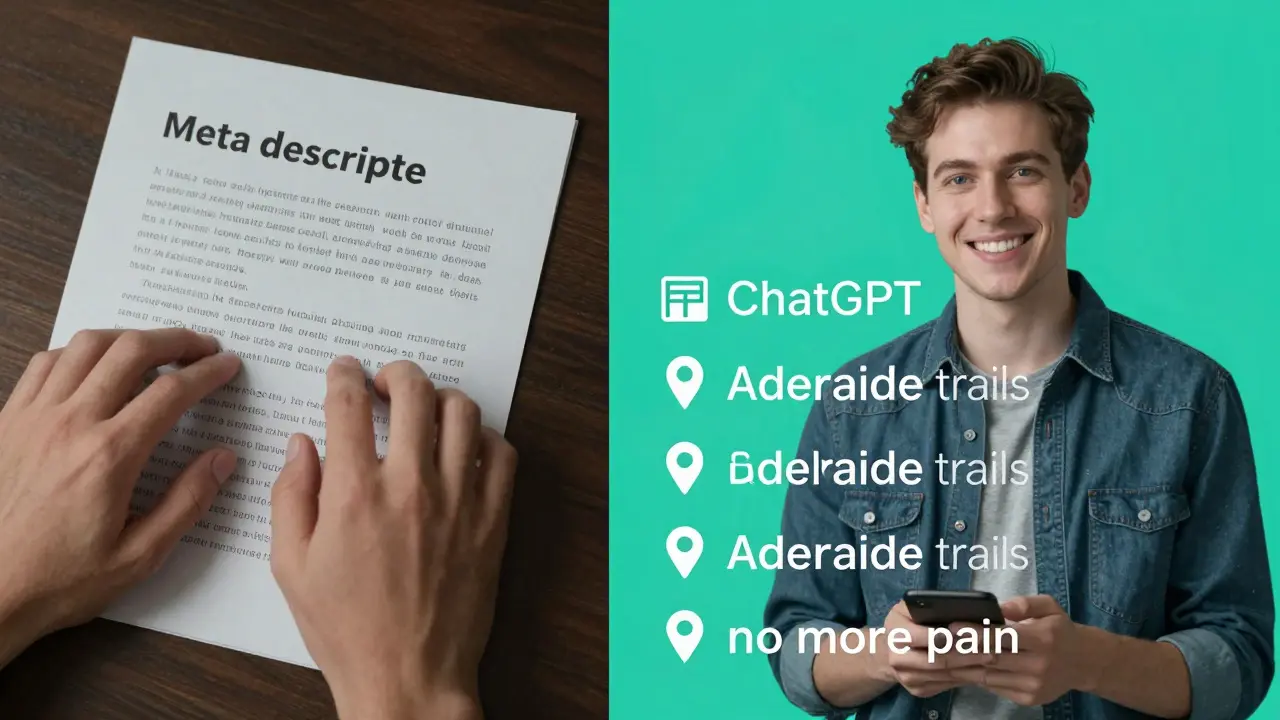 Split-screen: person comparing generic meta description with AI-optimized version featuring location-based language.