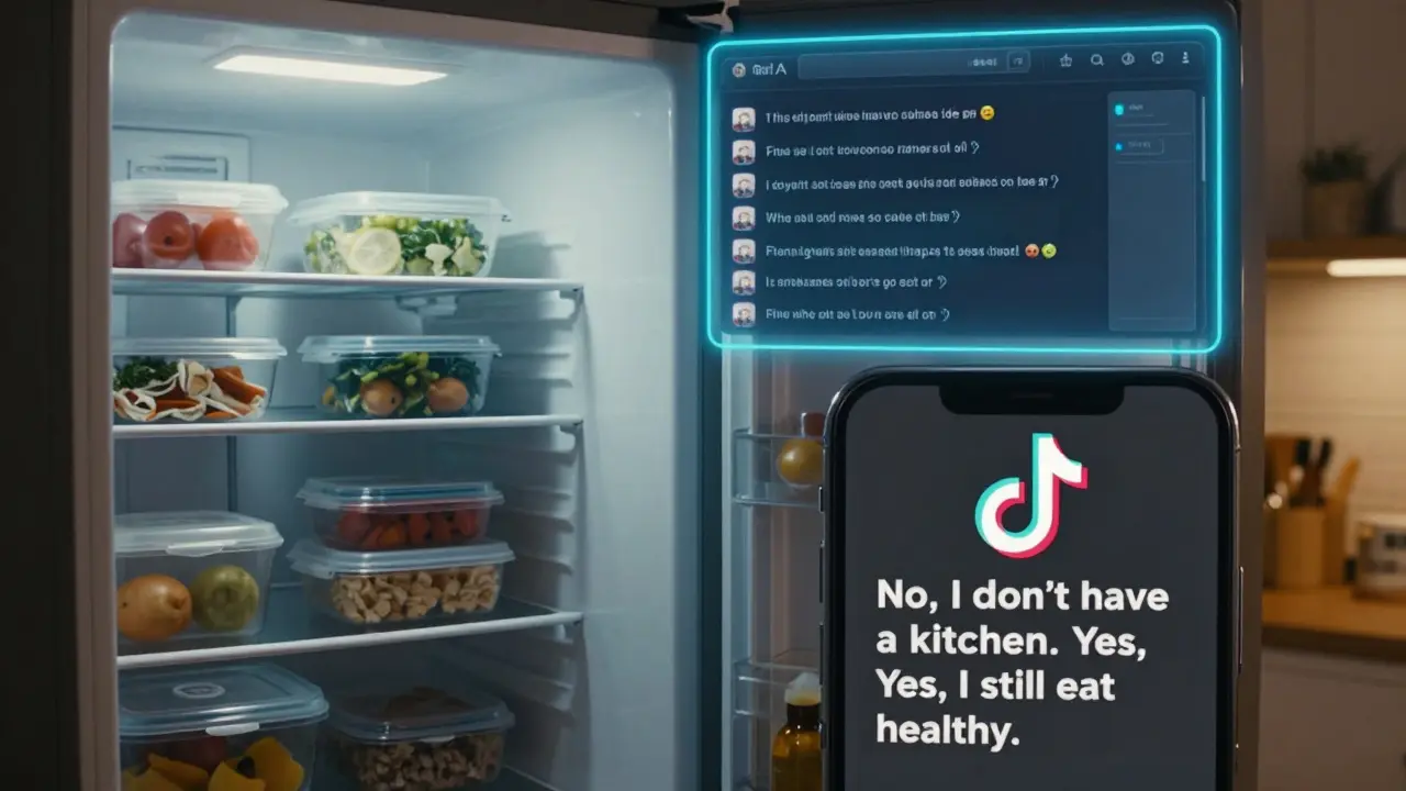 Split-screen showing meal prep fridge and a TikTok caption about eating healthy without a kitchen.