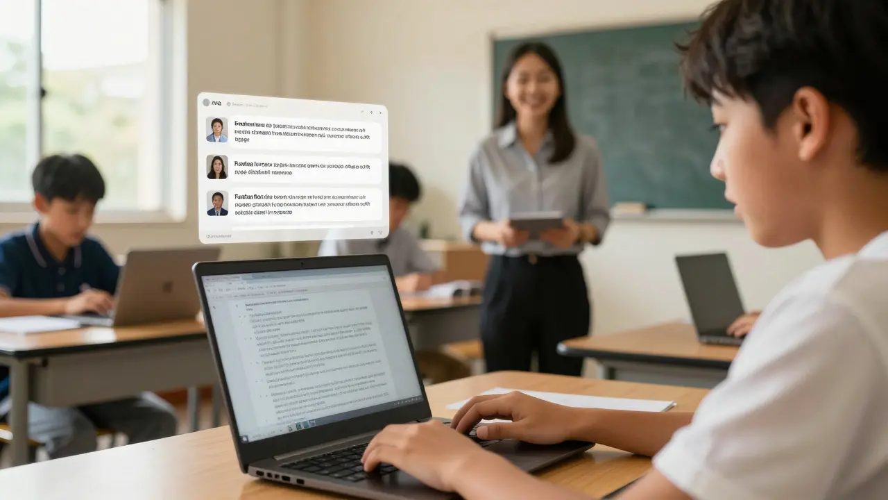 Students in a classroom seeing AI analysis of their own writing, revealing hidden propaganda patterns.