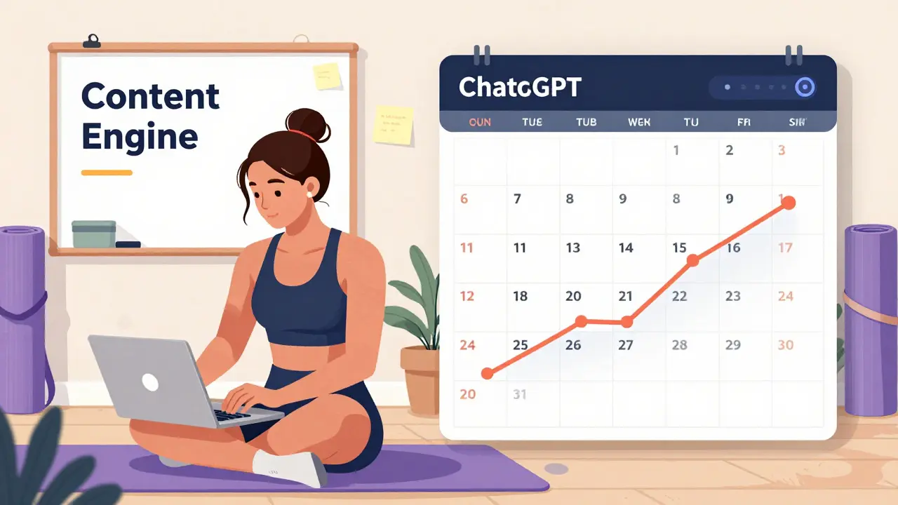 A fitness coach sees her weekly posts multiply from 3 to 14 on a digital calendar, with rising follower count on a dashboard.