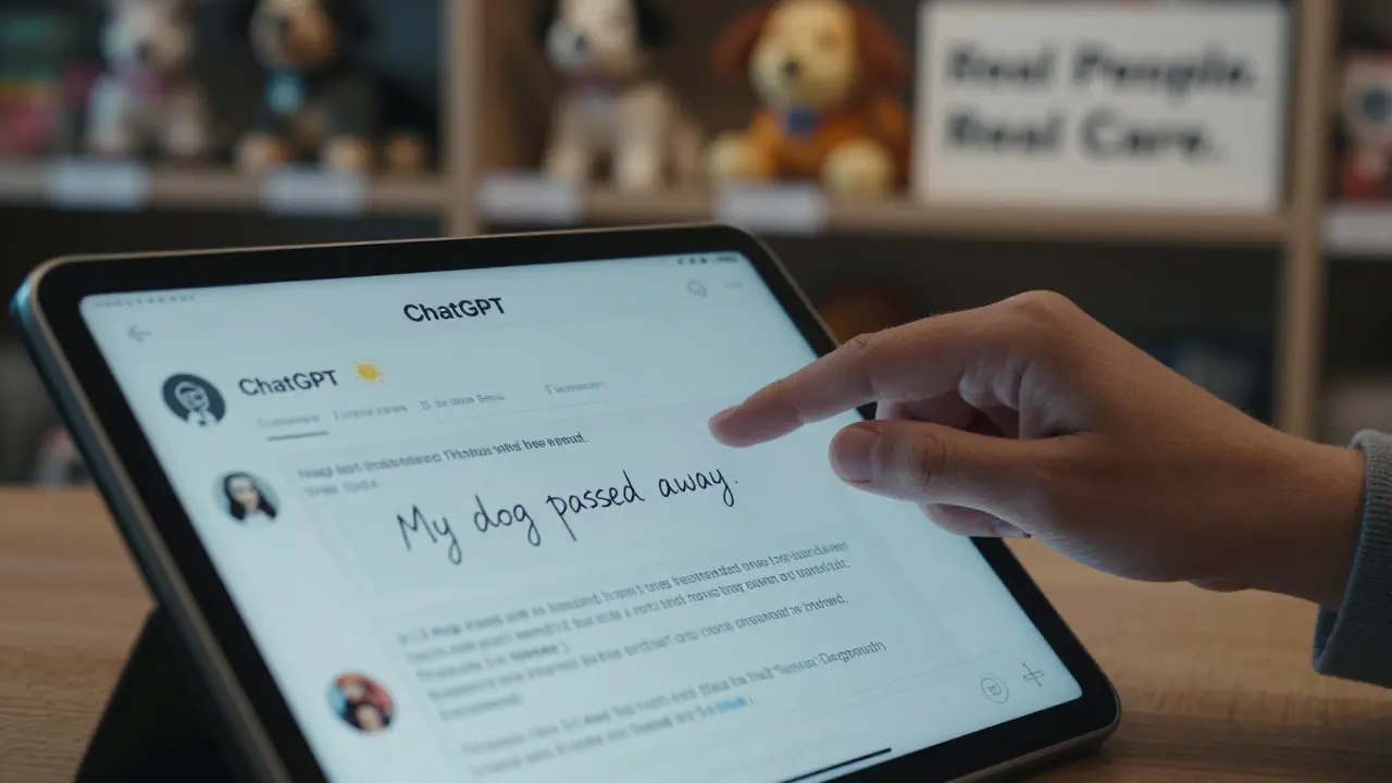A human hand replaces an AI comment reply with a personal note after a customer shares a loss, in a pet store setting.