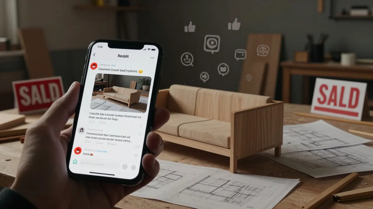 A Reddit comment transforms into a newly designed couch-bed being built in a workshop.