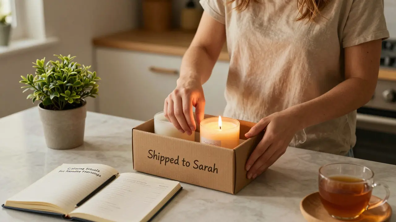 A woman packing handmade candles in her kitchen, with a notebook open to a weekly email draft.