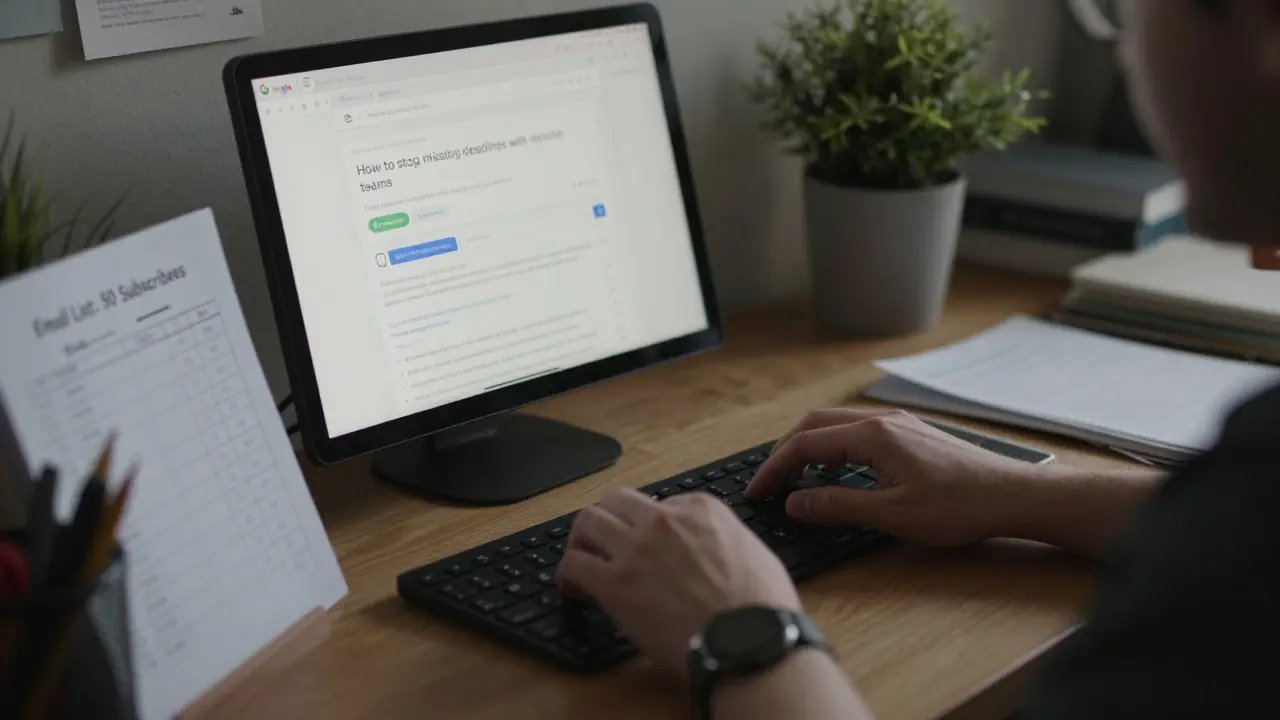 Hands typing on a keyboard with a Google Trends dashboard showing real customer questions on screen.