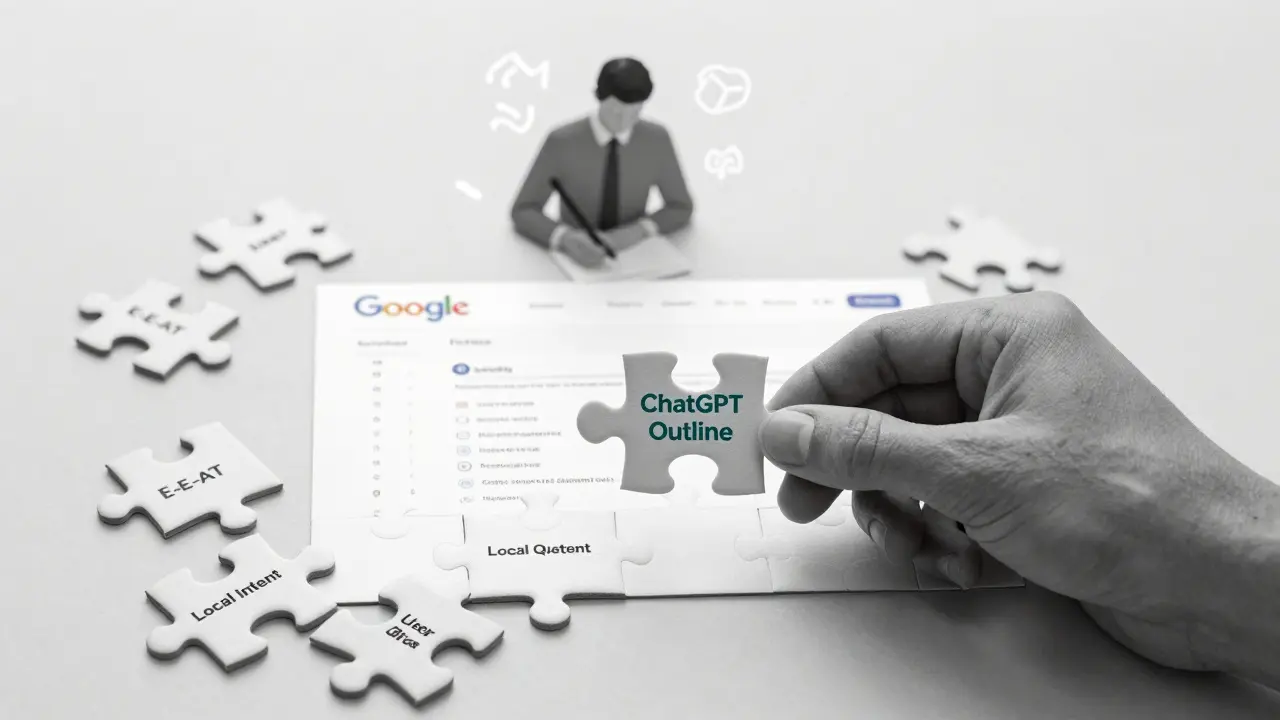 Human hand placing AI-generated outline puzzle piece into Google search results ranking on page one