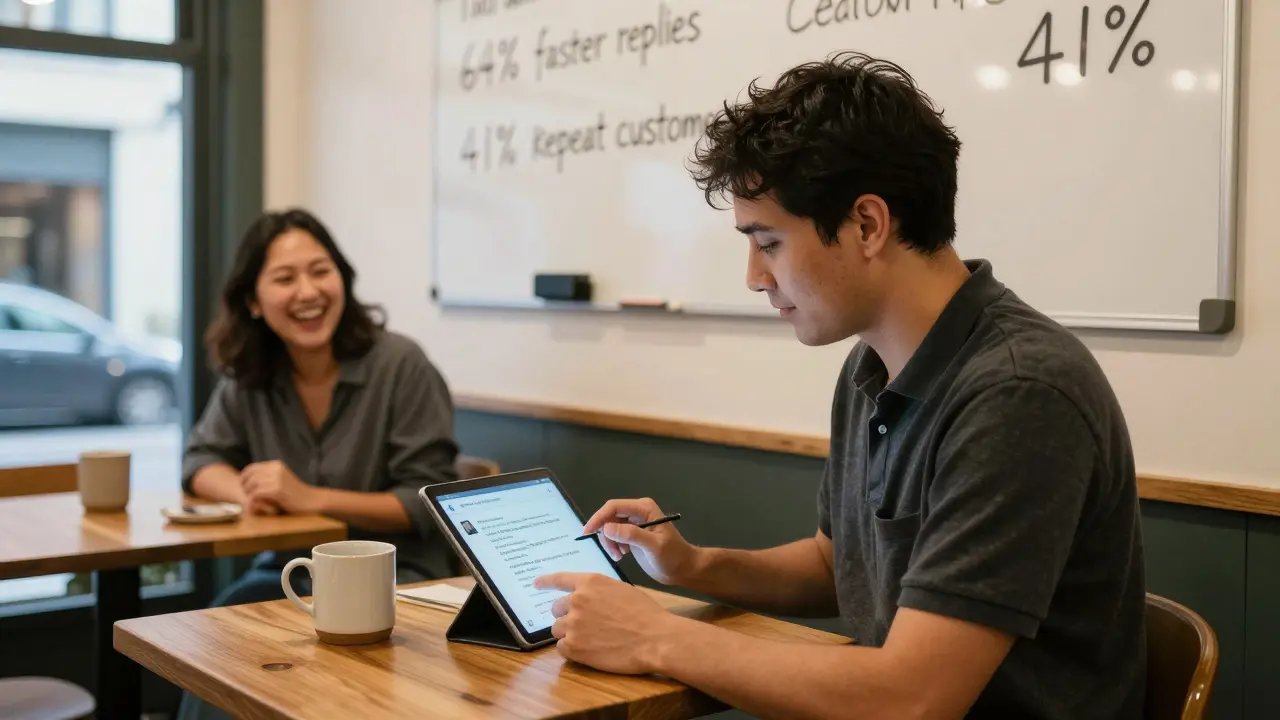 Small business owner reviewing AI-generated social media replies in a cozy café at night.