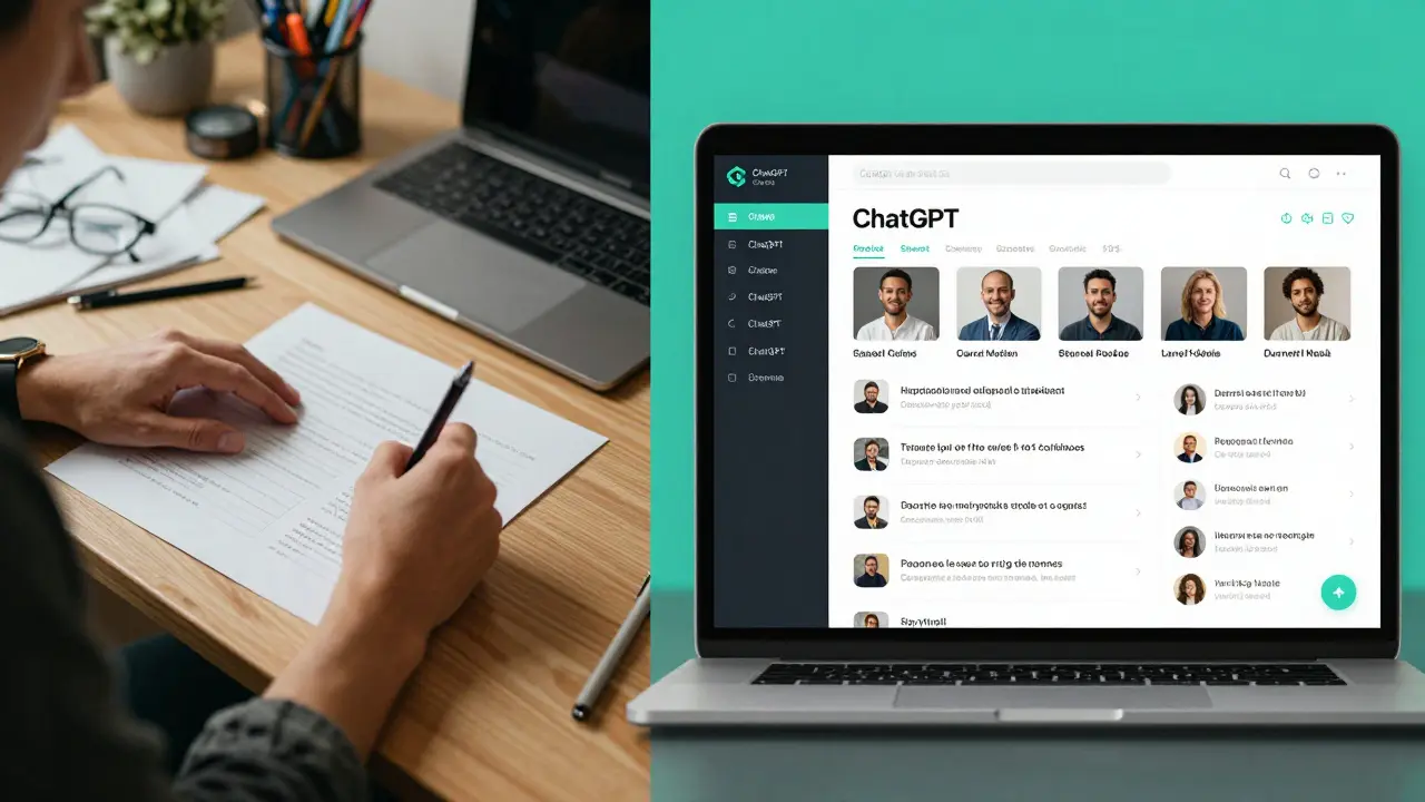 Split-screen contrast: manual social media writing vs. AI-generated content streamlining the process.