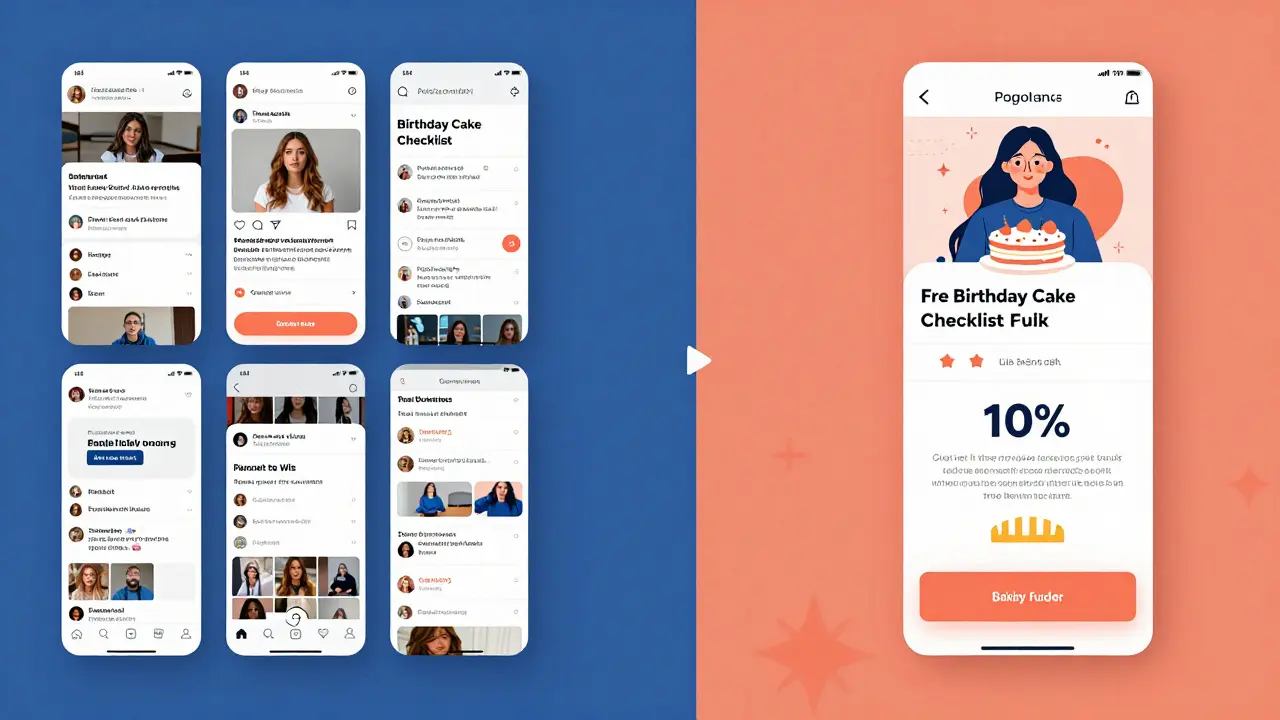 Split-screen showing chaotic social media ads versus a focused customer journey from free checklist to bakery order.
