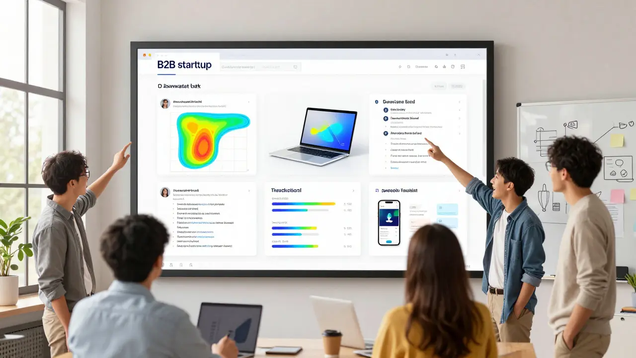 Team gathered around a wall of analytics and heatmaps that morph into product prototypes.