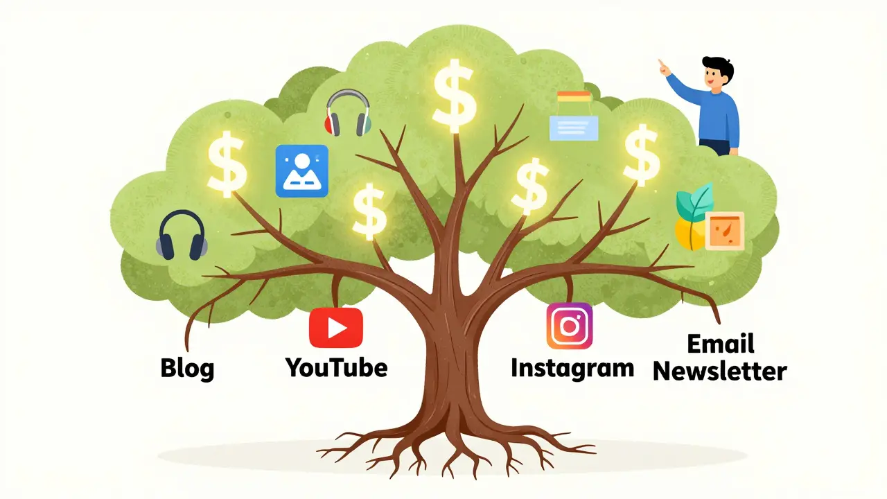 Tree with branches growing into product icons and dollar signs, representing evergreen affiliate income