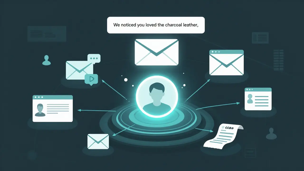 A central data hub receiving streams from social, email, and web sources, forming a personalized customer profile.