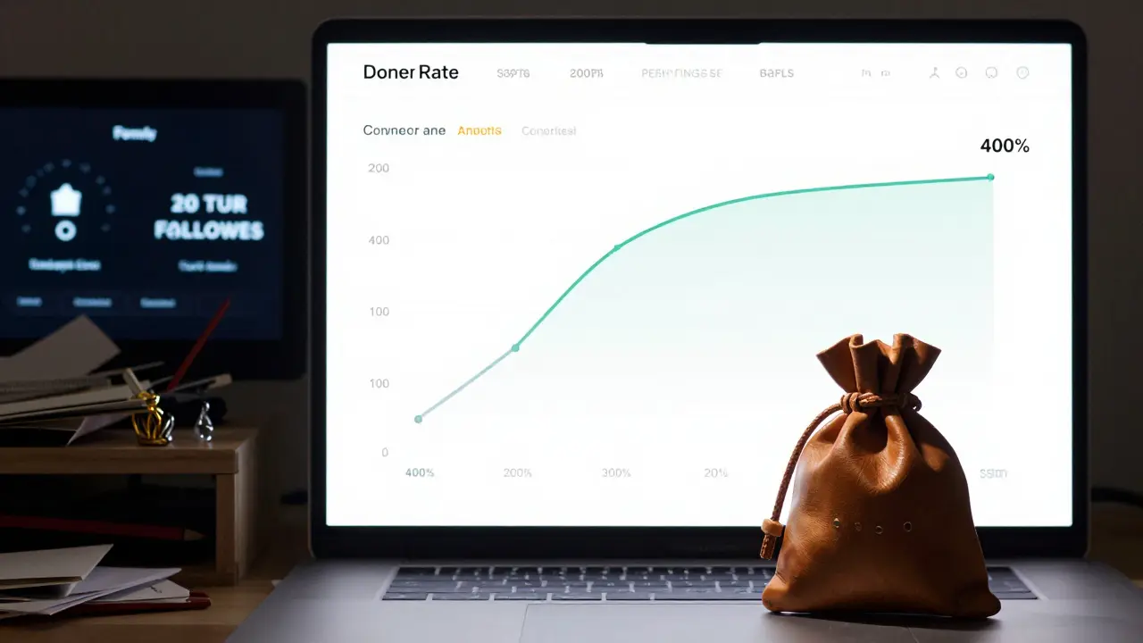 A cluttered social media dashboard contrasted with a focused conversion tracker and a glowing leather bag.