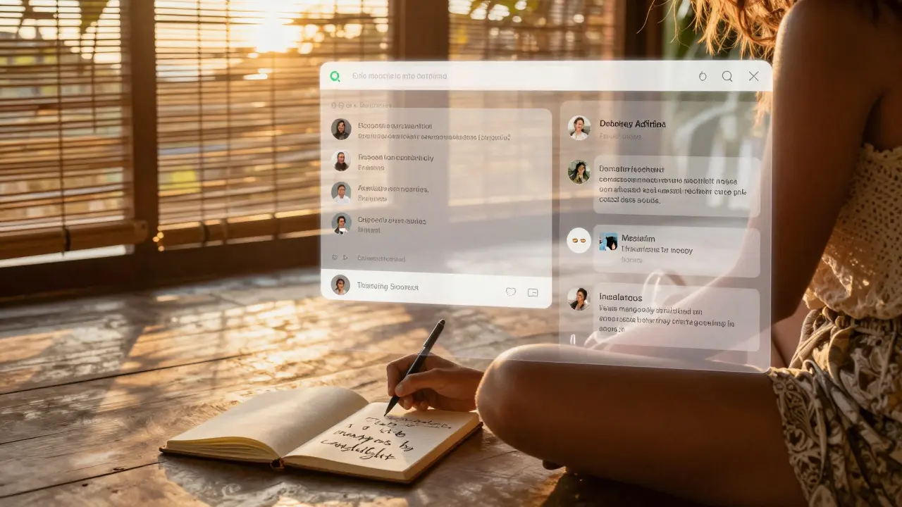 A creator in Bali blending handwritten notes with an AI interface generating social media content in golden sunset light.