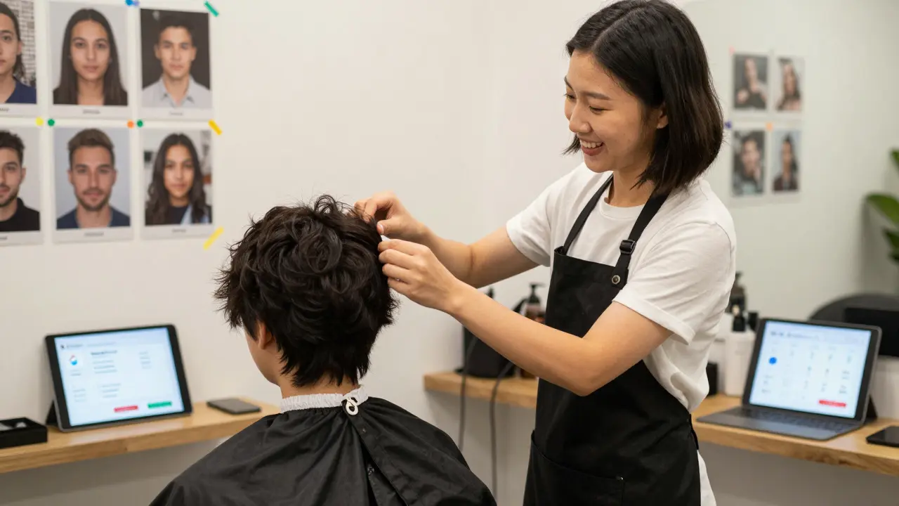 A hairstylist in a small salon with before-and-after photos on the wall and analytics visible on a tablet.