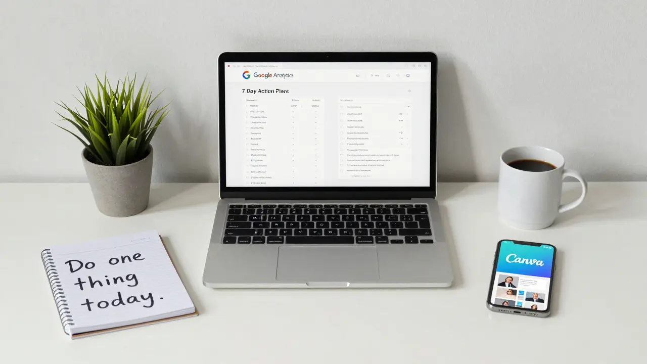 A minimalist home office with a laptop showing Google Analytics and a handwritten 7-day action plan checklist.