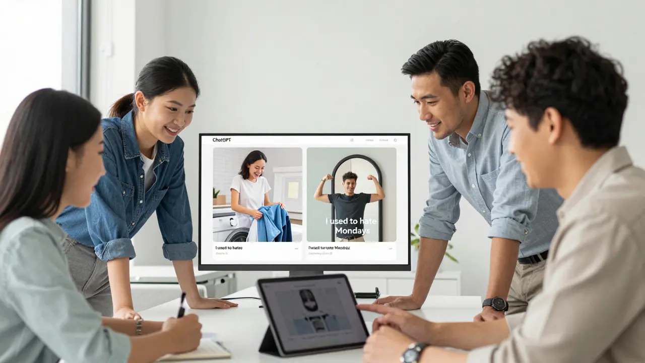 A team of marketers in a modern office reviewing AI-generated ad variations on a tablet, showing authentic customer stories.