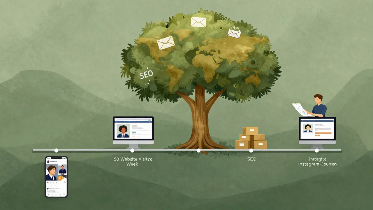 Artistic timeline showing organic growth from one social media post to global customer reach through digital marketing channels.