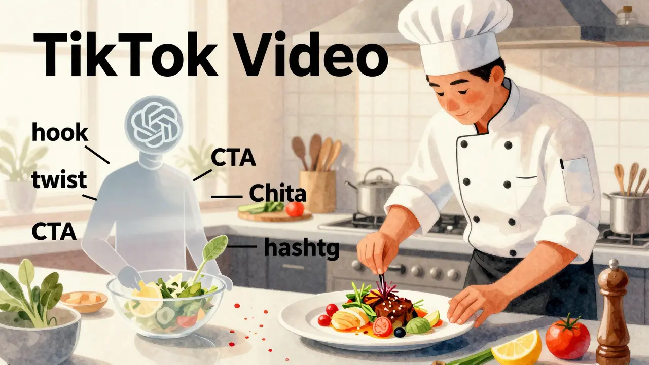 Chef plating a TikTok video with AI sous-chef preparing key ingredients like hook, twist, and hashtag.