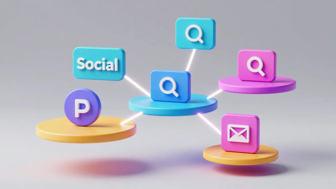 Colorful abstract nodes connected by glowing digital light streams.