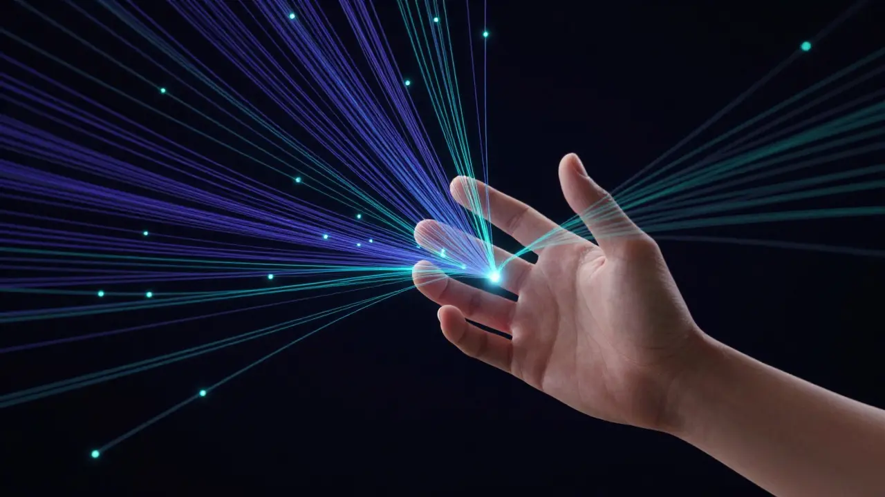 Hand reaching into void of connected fiber-optic strands and lights.