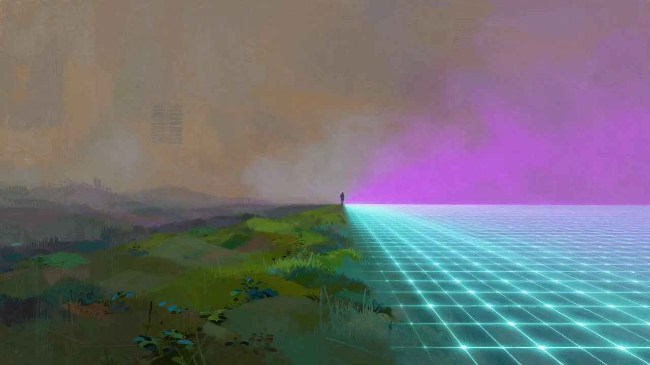 Horizon where green hills transition into crystalline digital grid structure.