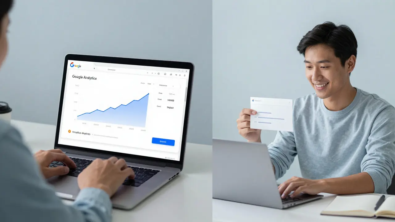 Person working at a laptop with Google Analytics and Mailchimp dashboard showing growing traffic and email sign-ups.