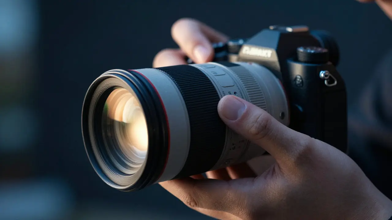 Precision tools adjusting a camera lens with light flares.