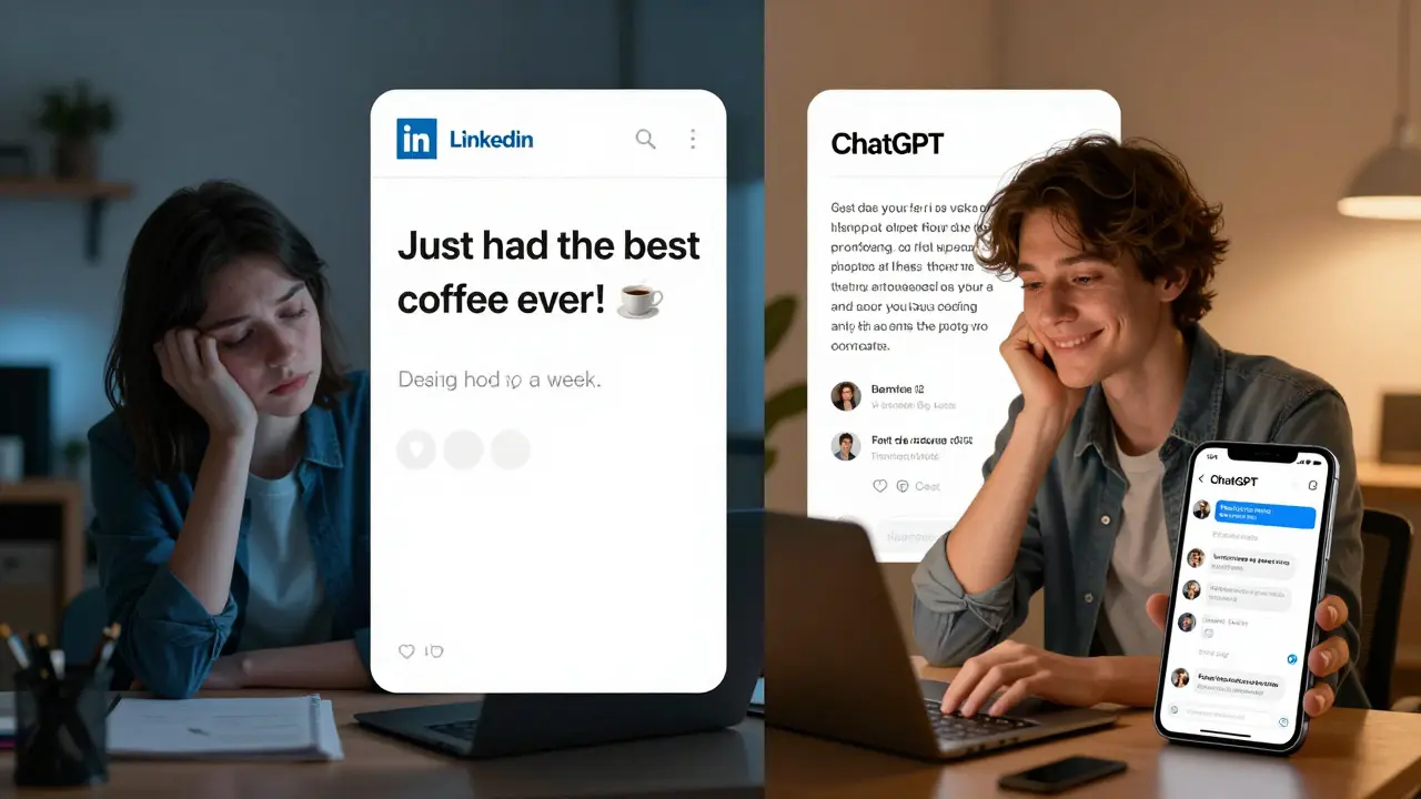 Split-screen showing a generic social media post vs. a personalized, AI-assisted post with real engagement.