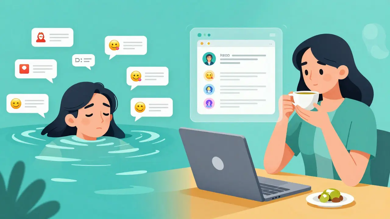 Split-screen showing a overwhelmed social media manager versus a calm one aided by an AI assistant drafting thoughtful replies.