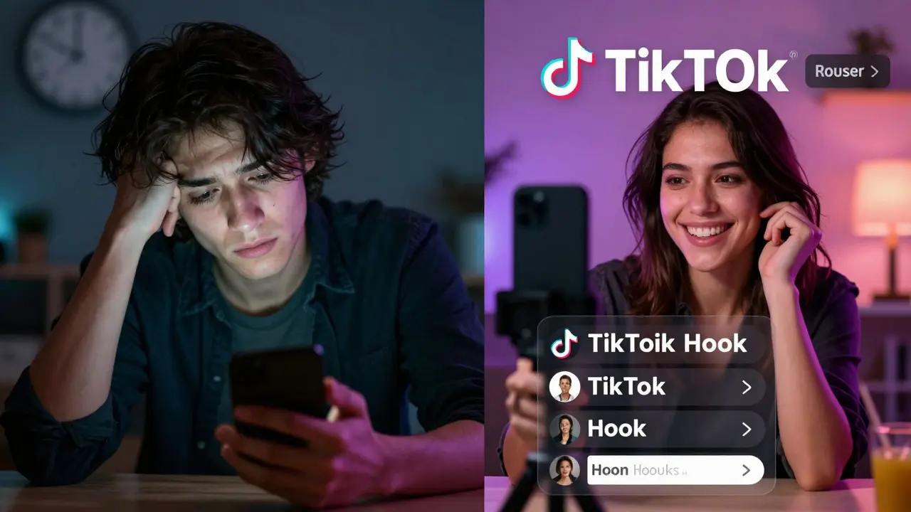 Split-screen: tired creator vs. confident creator filming a viral TikTok with AI suggestions floating nearby.