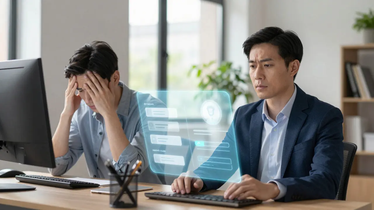 A business owner using an AI assistant to manage a high volume of messages with ease