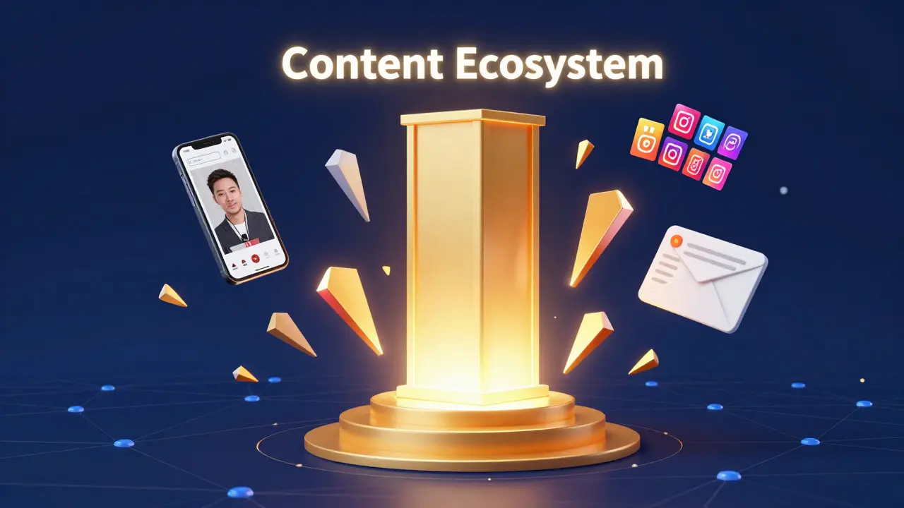 A central content pillar distributing smaller digital content pieces in a network.