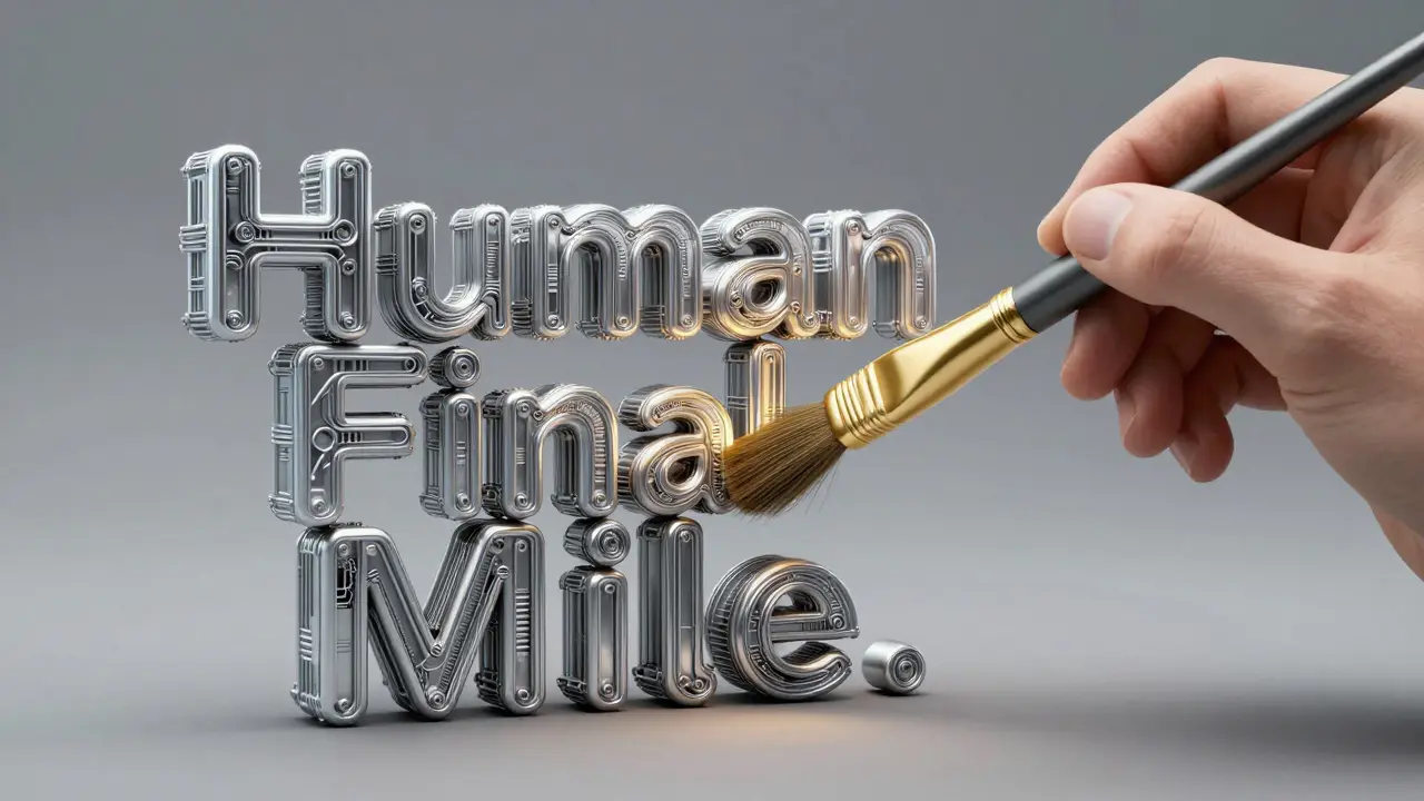 A human hand refining a silver mechanical text structure with a golden brush