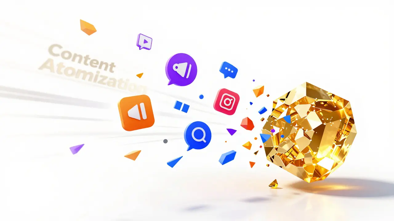 A large golden block breaking into smaller colorful social media content fragments