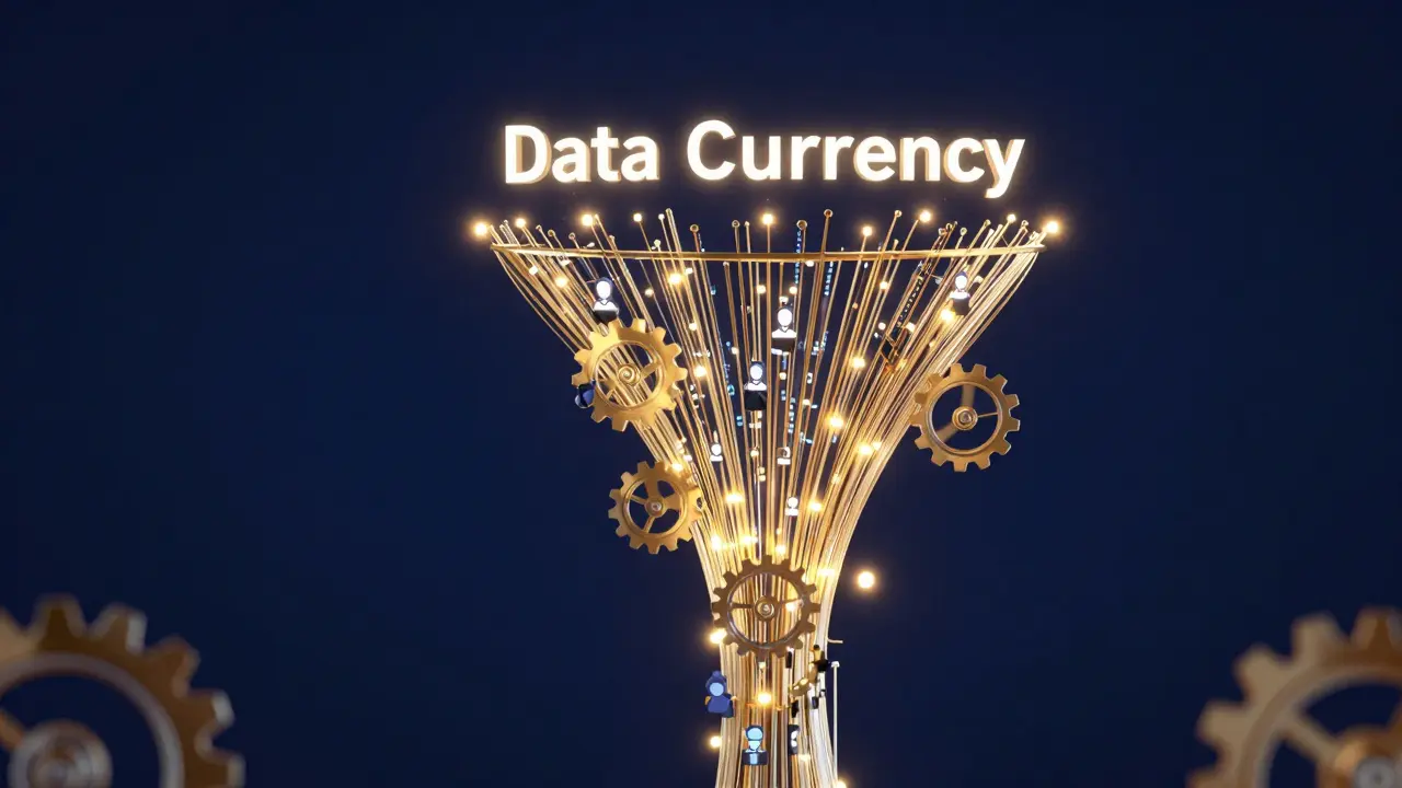 Abstract 3D visualization of a digital marketing funnel with golden data streams.