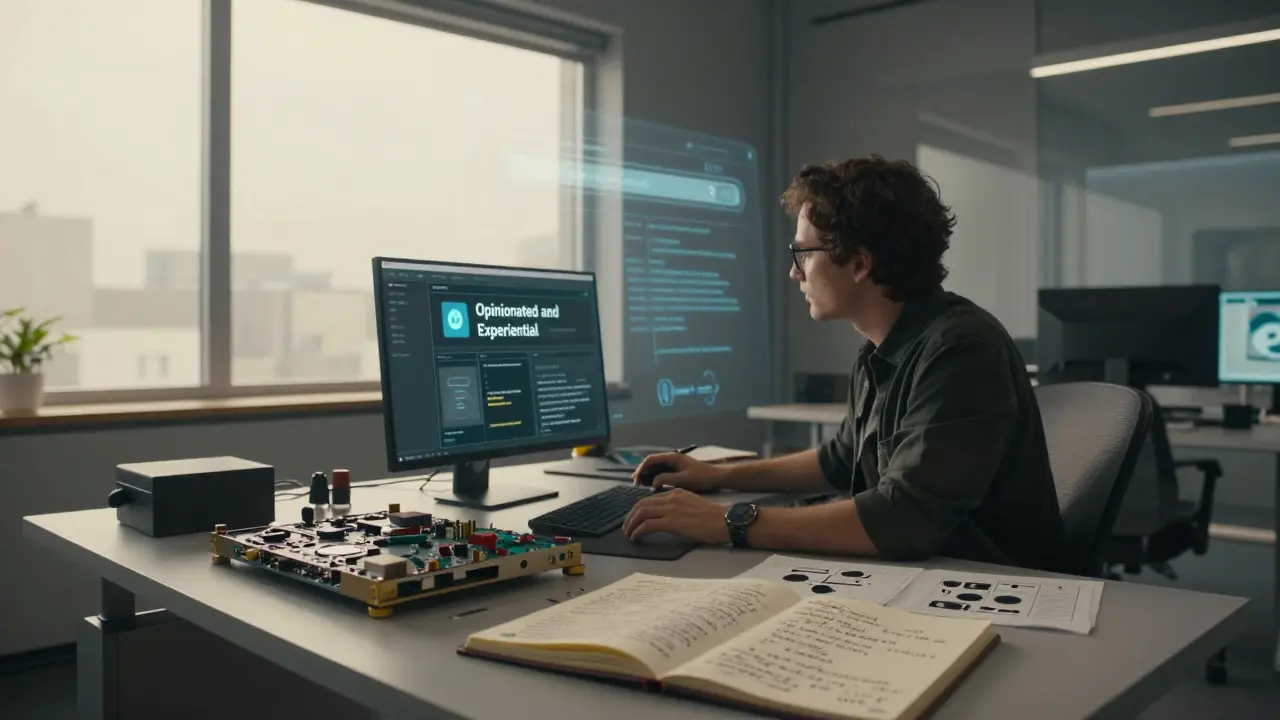 An expert at a desk with real-world tools and a subtle digital search overlay.