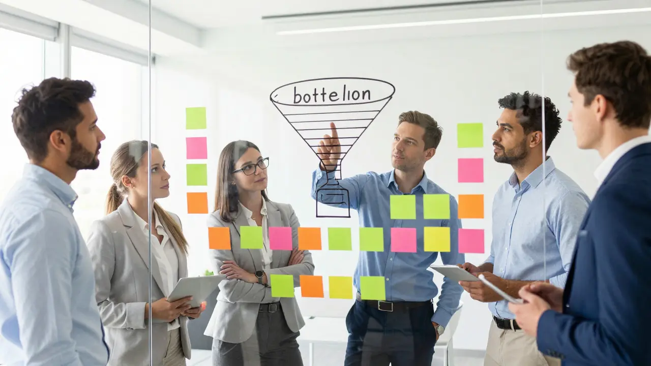 Business professionals analyzing a sales funnel on a glass wall in a modern office.