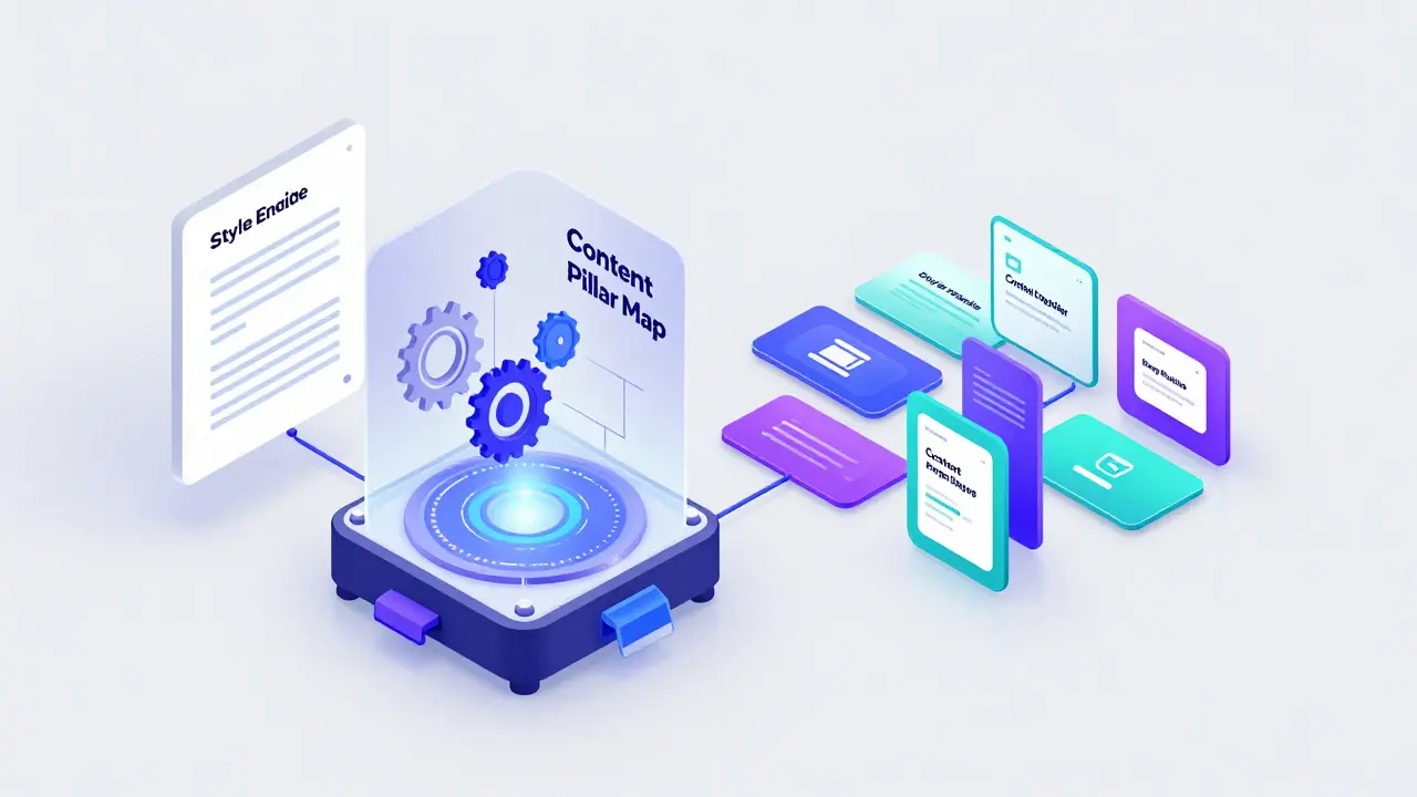 Isometric 3D illustration of an AI content engine turning data and style guides into a content map.