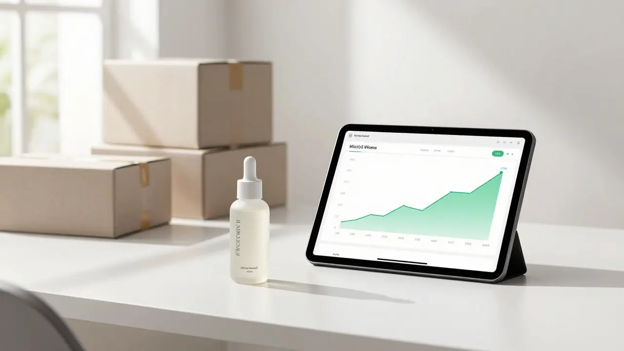 Modern home office with a product and a tablet showing e-commerce growth charts.
