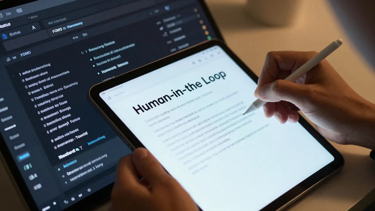 Split screen showing AI generating ad variations and a human editor refining the content.