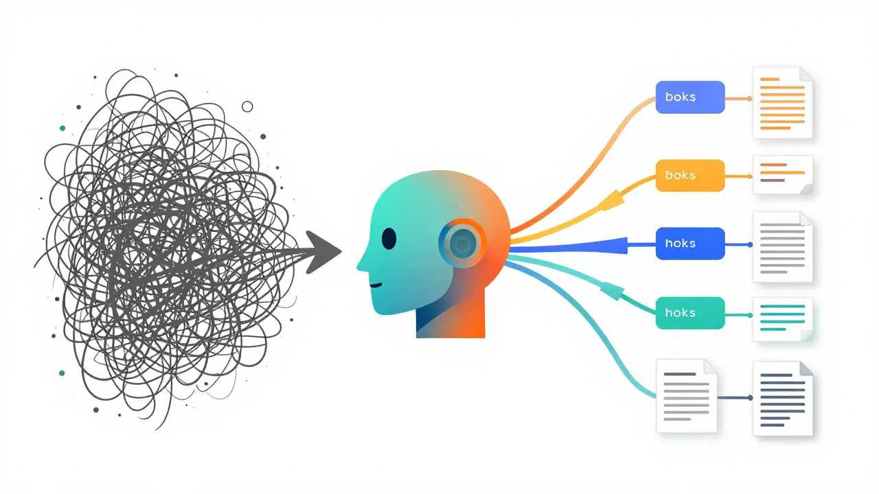 Abstract graphic showing AI transforming chaos into organized content