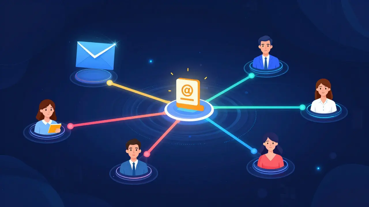Abstract visualization of AI tailoring emails to different customer segments.